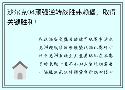 沙尔克04顽强逆转战胜弗赖堡，取得关键胜利！